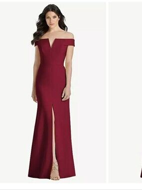 Dessy Collection Off-the-Shoulder Notch Trumpet Gown with Front Slit Burgundy 2